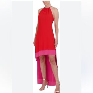 NWTs BCBGMaxAzria Vibrant Red and Pink High Low Halter Boho Dress